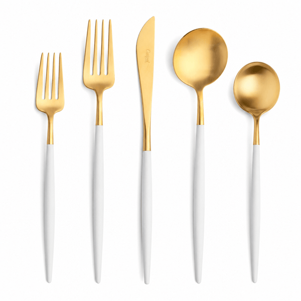 Goa Cutlery - Brushed Gold and White Handle - 5pc Set - Cutipol Flatware + Serving Pieces - HORNE