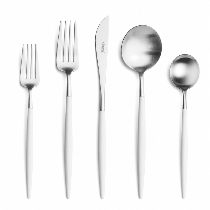 Goa Cutlery - Brushed Stainless Steel with White Handle - Sets - Cutipol Flatware + Serving Pieces - 24 Piece Setting - HORNE