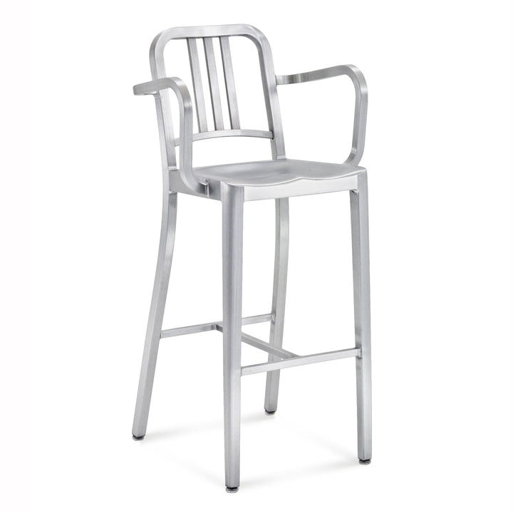 1006 Navy Barstool With Arms - Emeco - Stools + Benches + Ottomans - Brushed - HORNE