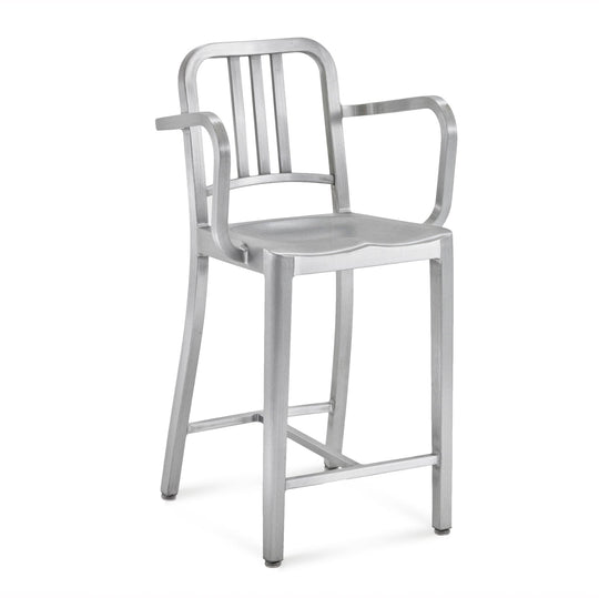 1006 Navy Counter Stool With Arms - Emeco - Stools + Benches + Ottomans - Brushed - HORNE
