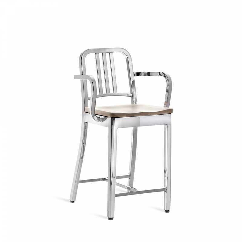 1104 Navy Counter Stool With Arms - Emeco - Stools + Benches + Ottomans - Brushed - Cherry - HORNE