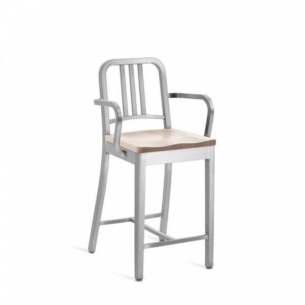 1104 Navy Counter Stool With Arms - Emeco - Stools + Benches + Ottomans - Brushed - Ash - HORNE
