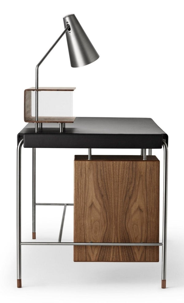 AJ52 Society Table - Carl Hansen & Son - Tables + Desks - 55.1"W x 27.6"D x 28.3"H - Left Side Oak - Lacquer - Brown Leather 2068 - HORNE