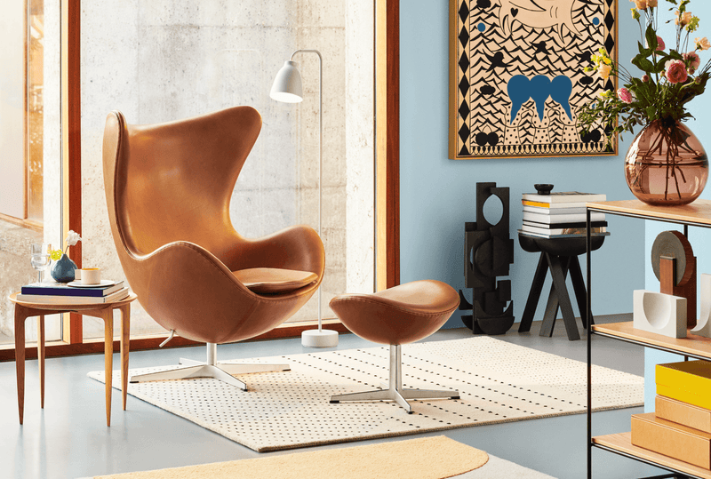 Egg™ Footstool - Fritz Hansen - Stools + Benches + Ottomans - Grace Walnut Leather - Satin Polished Aluminum - HORNE