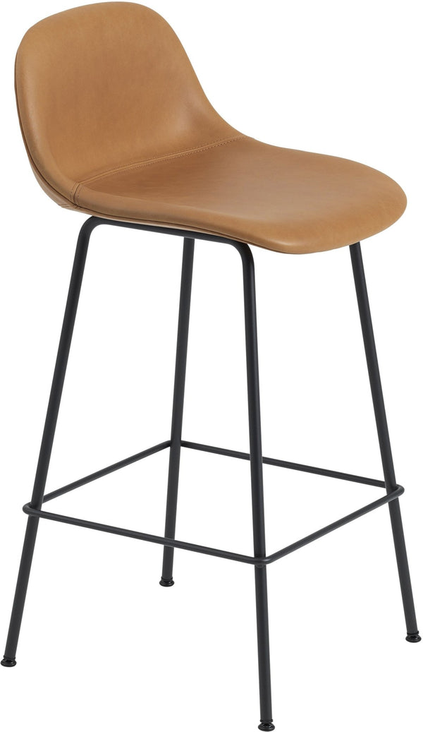 Fiber Counter Stool With Backrest - Tube Base - Muuto - Stools + Benches + Ottomans - Cognac Leather Seat & Black Base - HORNE